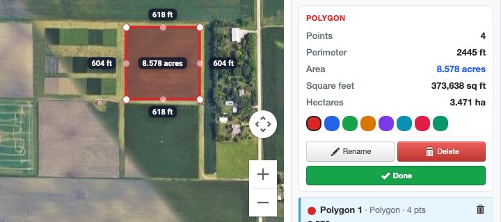 Acreage calculator: a field traced on a satellite map, its size in acres