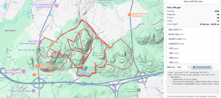 Map file converter: a GPX file on the map, ready to save as KML