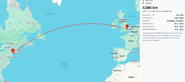 Distance between two places: New York to London as the crow flies