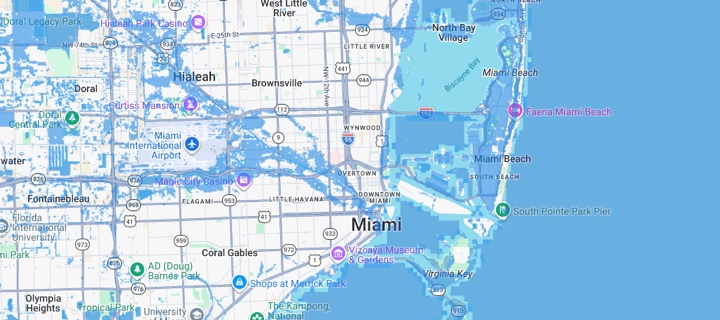 Flood map: Miami with the water raised 1.5 m