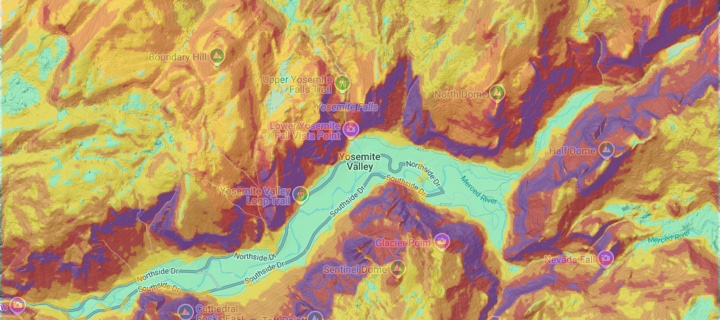 Slope map: Yosemite Valley shaded by steepness